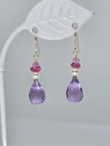 Amethyst Briolette rosa Topas Ohrhänger 14k Gelbgold oder Sterlingsilber - Bild 1 von 8
