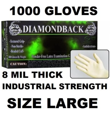 DIAMONDBACK DIAMOND BACK Latex Exam Gloves, Textured Grip, 8 mil, Case of 1000, Size LARGE