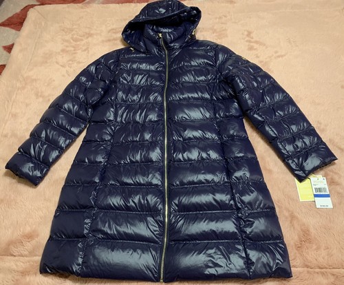 NUOVA giacca tampone donna MICHAEL KORS resistente all'acqua con cappuccio lucido stampa logo