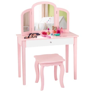 Kids Vanity Princess Make Up Dressing Table W/ Tri-folding Mirror & Chair Pink - Picture 1 of 12