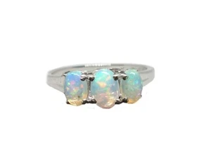 Natural Opal Engagement Ring 3 Stone Opal Solitaire Ring Trellis Style Ring - Picture 1 of 8
