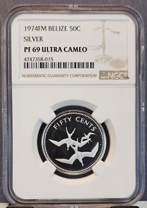 1974 BELIZE SILVER 50 CENTS 50C FRIGATE BIRDS NGC PF 69 ULTRA CAMEO BEAUTIFUL - Picture 1 of 3