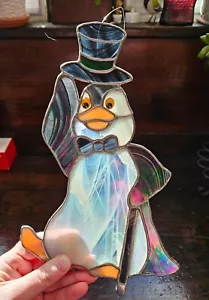 Stained Glass Penguin Tuxedo Top Hat w Cane Handmade Art OOAK LARGE 11" - Picture 1 of 4