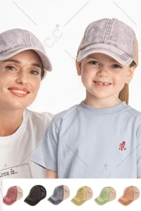 C.C Kids Children Stone Washed Denim Ponytail Messy Bun Tucker Baseball Cap Hat - Picture 1 of 7