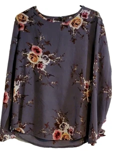 Women's Long Sleeve Gray Flower Blouse Size L - Picture 1 of 6