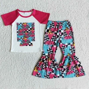 Girls Short Sleeve Bell Pants Set 2pcs Outfit Flag Print - Picture 1 of 1