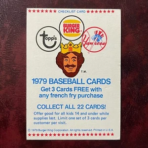 Juego Topps Burger King 1979 lista de verificación de los Yankees de Nueva York sin marcar - como nuevo - Imagen 1 de 2