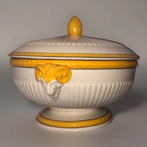 Antique Wedgwood Rams Head Covered Creamware Bowl EUC Yellow Trim 1922 US Patent - Picture 1 of 8