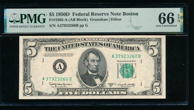 AC 1950D $5 Boston FRN PMG 66 EPQ Fr 1965-A A-B block pop 9/1 - Image 1 of 2