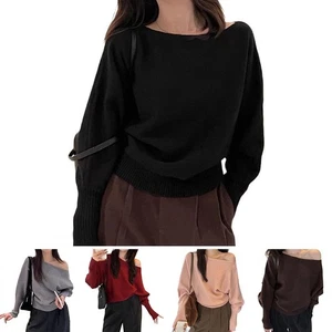 Solid Color Knitted Cropped Sweater Women Slash Neck Long Sleeve Knitwear - Picture 1 of 22
