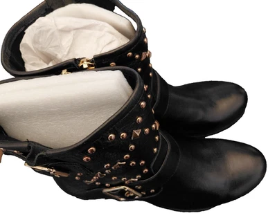 Mujer INC.-WENDA Botines Talla 9.5 M Cuero Negro Cuentas Metálicas Dorado Foto 1 de 4