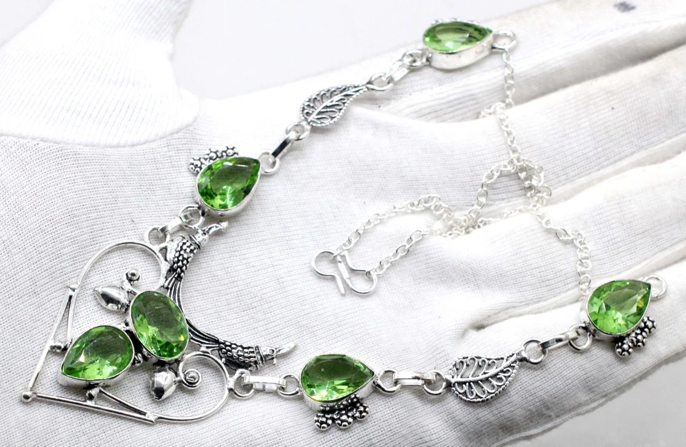 Green Amethyst Gemstone 925 Sterling Silver Jewelry Necklace Size-17-18" - Image 1 of 4