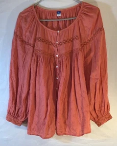 Antigua Blusa Campesina Azul Marino Coral 2X Manga Larga Encaje Inserto Boho Cottagecore Fluida - Imagen 1 de 15