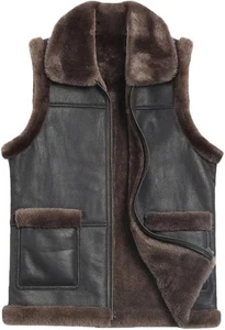 Men's Coffee Brown Fur Real Sheep Leather Shearling Lined Vest Fur Collar Jacket - Picture 1 of 3