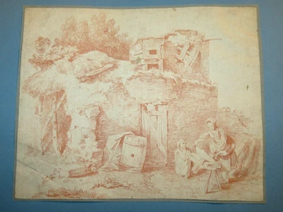 Ecole FRANCAISE XVIII DESSIN SANGUINE PAYSAGE ANIME HUET BOUCHER FRAGONARD 1750 - Photo 1/4