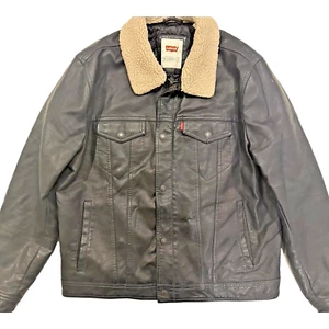 Levi's Size L Classic Trucker Jacket Removable Sherpa Collar Vegan Leather Biker - Picture 1 of 9