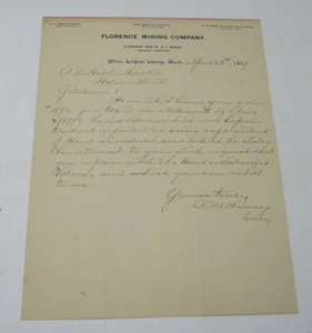 Membrete Florence Mining Company Neihart Montana 1897 a Helena Montana - Imagen 1 de 4