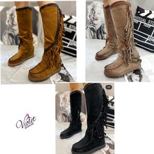 Stivali Donna indianini alti scamosciati con frange zeppa interna scarpe donna