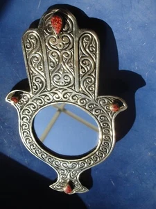 Moroccan engraved backed hamsa hand pendant MIRROR + jewels  L250 mm - Picture 1 of 7