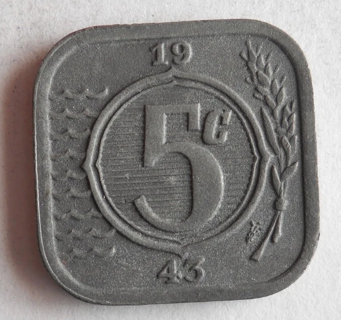 1943 NETHERLANDS 5 CENTS - Great WW2 Era Coin - FREE SHIP - Netherlands Bin #C - Image 1 of 2
