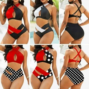 Plus Size Bikini Swimwear Halter Push Up Swimsuit Women High Waist Bathing Suits - Picture 1 of 24