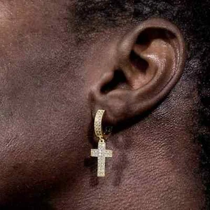 2Ct Men's Lab Created Diamond Cross Dangle Hoop Earrings 14K Yellow Gold Plated - Picture 1 of 6