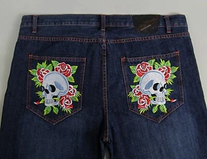 Ed Hardy Jeans Mens (44x33 ACTUAL) Denim Blue Skull Rose Christian Audigier Vtg - Picture 1 of 7