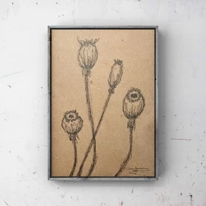 Poppy Pods Art, Poppy Heads Drawing, Botanical Sketch, Cottagecore Farmhouse Art - Picture 1 of 11