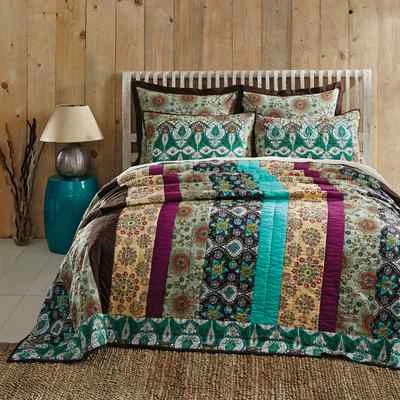 Capri 100% Cotton Bohemian Twin Quilt Multicolor Floral Strip Quilted Bedspread - Image 1 of 4