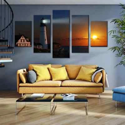 Portland Head Lighthouse Sunset Over Cliff & Ocean 5 Piece Panel Canvas Wall Art - Image 1 of 4