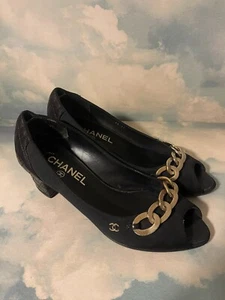 Chanel Peep Toe Shoes Quilted/Canvas 37.5 - Picture 1 of 10