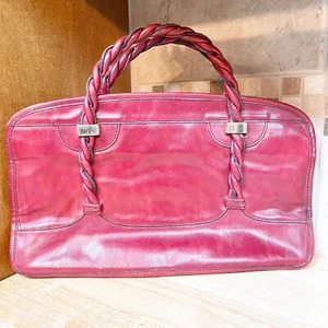 Vintage 80s Dey Design Red Leather Handbag Braided Top Handle Cloth Lined Purse - Picture 1 of 24