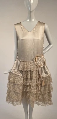 FLAPPER 1920’S SILK WEDDING DRESS W PANNIERS + LACE RUFFLED SKIRT - Image 1 of 4