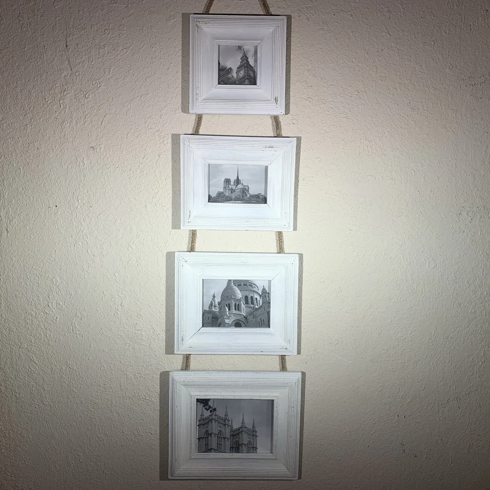 Set Of 4 White Distressed Wood Shabby Wall Rope Hanging Picture Photo Frames - Image 1 of 4