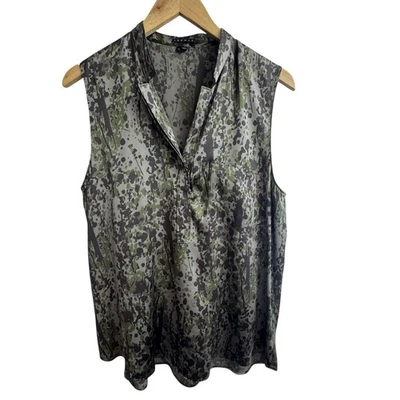 Theory Silk Camouflage  Placket Front Sleeveless Henley Blouse Sz L - Image 1 of 4