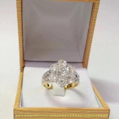 3Ct Round Cut Real Moissanite Cluster Engagement Ring 14K Yellow Gold Plated - Image 1 of 4