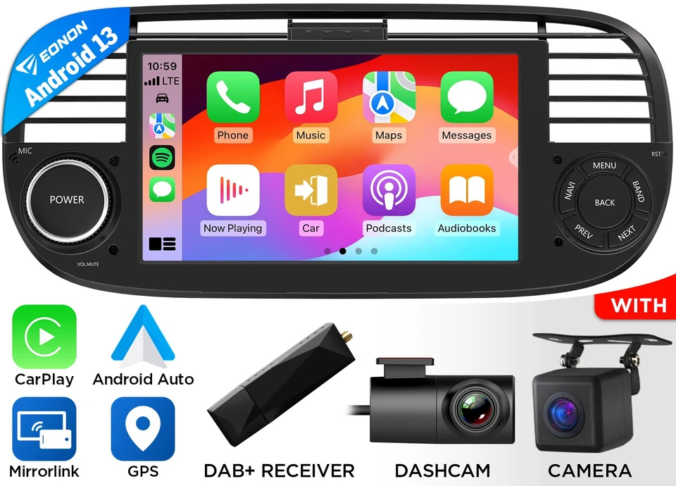 CAM+DVR+DAB+Eonon FIAX6 7"IPS Android 13 Autoradio GPS Navi CarPlay Für Fiat 500 - Bild 1 von 4