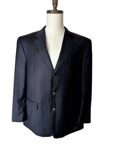 Tasso Elba Men's 44 Regular Super 140's Wool Suit Jacket Black Dark Gray Striped - Picture 1 of 14