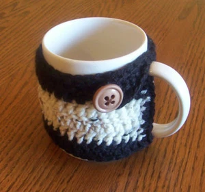 Hand Crochet Black & Variegated Tan Buttoned Coffee Mug Cozy - Picture 1 of 3