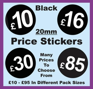 20mm Black Shop Price Point Stickers / Sticky / Swing Tag Labels £10 to £95 POS - Picture 1 of 40