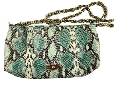 Elliott Lucca Women’S SNAKE print Chain Shoulder Handbag Green/Brown 12"x6.5" - Image 1 of 4