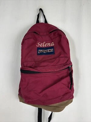 复古 Jansport 背包栗色红色棕色麂皮绒底部刺绣“Selena”  — 第 1/4 张图片