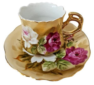 Taza de té y platillo Lefton China años 50 rosas mango dorado borde pintado a mano de colección - Imagen 1 de 13