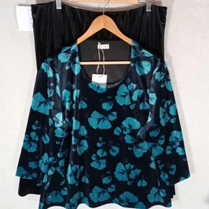 Eastex Skirt/Top Suit Womens UK 20 Green Black Flowers Velour Soft Cosy Wear - Picture 1 of 19