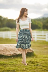 NEW Blue Cotton Elephant Print Midi Skirt Whimsigoth Boho Hippie Sz XL - Picture 1 of 14