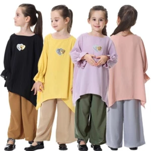 Children Girls 2PCS Casual Abaya Kids Tops Pant Muslim Islamic Ramadan Clothing - Picture 1 of 54