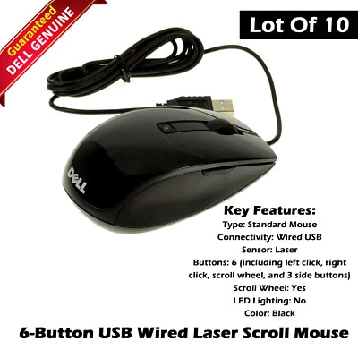 Lot of 10 OEM Dell New Black Premium 6Button USB Laser Scroll Mouse V7623 J660D - Image 1 of 4