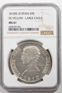 1810-M Silver AI Spain 20 Reales De Vellon-Large Eagle NGC MS61 NG1744 - Picture 1 of 2