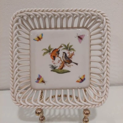 Herend Rothschild Vogelkorb offen geflochten Netz quadratische Schale #7377 6” x 6” - Bild 1 von 4