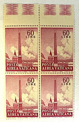 SELOS DE CORREIO AÉREO DA CIDADE DO VATICANO SCOTT #C38 OBELISCO 4 BLOCOS SEM MARCA DE CHARNEIRA, 1959 - Imagem 1 de 2